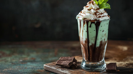 Boozy frozen mint milkshake in a tall glass topped with whipped cream and a mint leaf garnish, with drizzled chocolate syrup on a rustic wooden table, indulgent and refreshingの素材