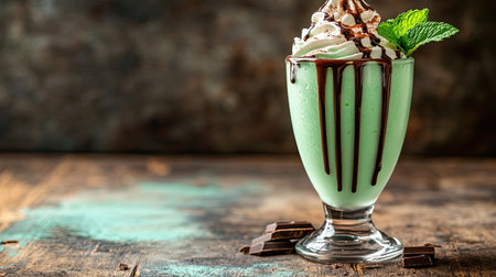 Boozy frozen mint milkshake in a tall glass topped with whipped cream and a mint leaf garnish, with drizzled chocolate syrup on a rustic wooden table, indulgent and refreshingの素材