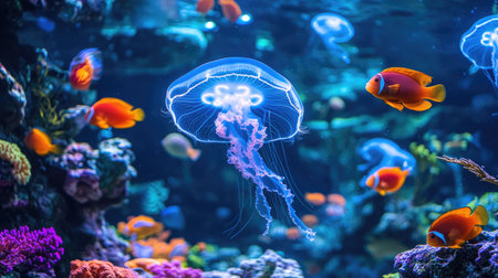 Blue jellyfish illuminated by neon lights in an aquarium, drifting amongst schools of colorful fish and vibrant corals, capturing ocean wildlife's beautyの素材