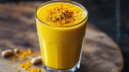 Bright yellow turmeric smoothie in a glass, frothy and sprinkled with turmeric powder, on a wooden table, healthy probiotic drink with curd and spices, perfect for summerの素材