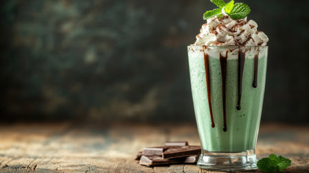 Boozy frozen mint milkshake in a tall glass topped with whipped cream and a mint leaf garnish, with drizzled chocolate syrup on a rustic wooden table, indulgent and refreshingの素材