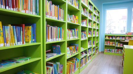 Bright green bookshelves in a library, packed with children's books, inviting kids to read and explore, colorful and engaging, Novosibirsk, Russia, April settingの素材