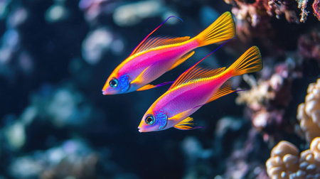 Captivating image of a pair of Purple Firefish hovering near a reef drop-off, their vivid colors contrasting against the darker depths belowの素材