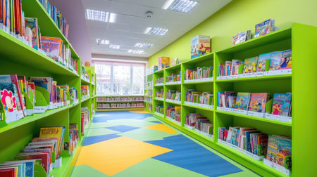 Cheerful library section with bright green bookshelves filled with children's books, promoting reading for kids, Novosibirsk, Russia, April, colorful and inviting settingの素材