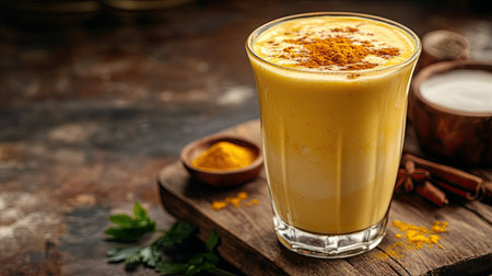 Chilled turmeric lassi in a glass, frothy top with a sprinkle of turmeric and spices, on a rustic wooden board with ingredients like milk and yogurt, traditional and healthyの素材