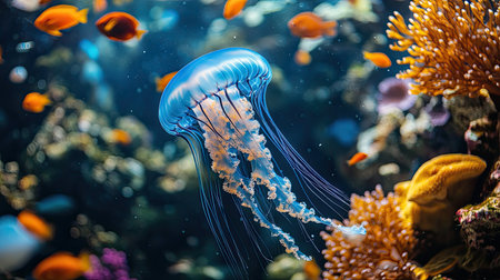 Blue jellyfish illuminated by neon lights in an aquarium, drifting amongst schools of colorful fish and vibrant corals, capturing ocean wildlife's beautyの素材