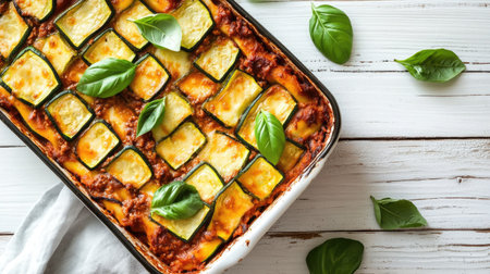 Close-up of a baked zucchini lasagna with rich bolognese sauce, arranged in a baking dish on a white wooden table, garnished with basil leaves, top viewの素材
