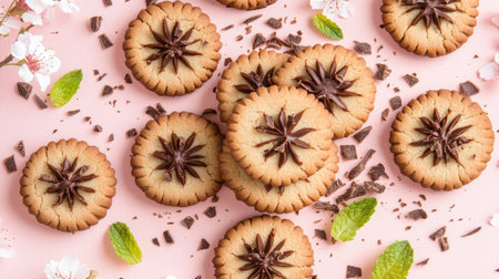 Chocolate mint cookies arranged with sakura cookies, sprinkled with chocolate shavings and mint leaves, on a pastel backdrop, creating a visually appealing dessert sceneの素材