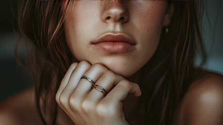 Close-up of a brunette woman with her chin resting on her hands, showcasing a minimalist necklace and rings, gentle studio lightingの素材