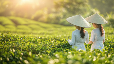Close-up of two Asian women in traditional white dresses harvesting green tea leaves in a verdant plantation in Chiang Rai, Thailand. Green tea business imagery.の素材