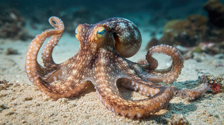 Close-up of a coconut octopus on a sandy seabed in Indonesian waters, showcasing its distinctive tentacles and camouflage skills.の素材