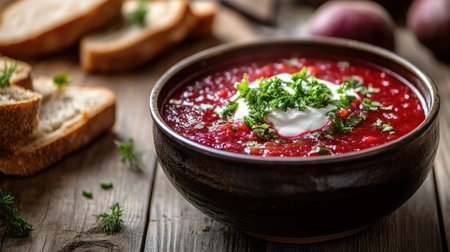 Close-up of a bowl of red beetroot borscht soup with white cream, served with rye bread on a wooden table, authentic Ukrainian and Russian cuisine, warm and invitingの素材