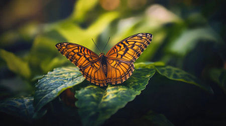 Close-up of a butterfly resting on a leaf, wings spread in a natural "V" shape, with a soft focus on a lush, green garden environmentの素材