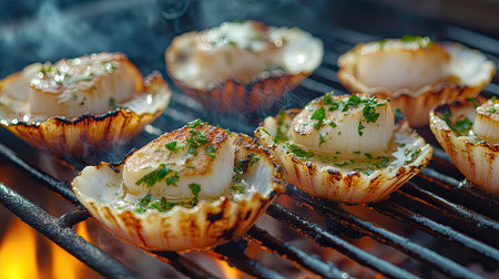 Close-up of scallop shells on a barbecue grill, topped with garlic butter and parsley, cooking to perfection, with smoke and flames in the background.の素材