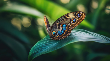 Close-up of a butterfly resting on a leaf, wings spread in a natural "V" shape, with a soft focus on a lush, green garden environmentの素材