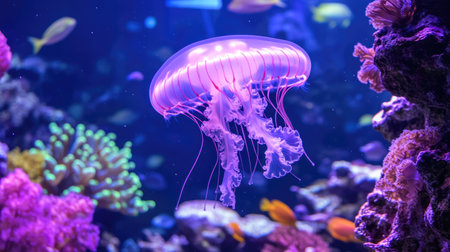 Close-up of a neon-lit jellyfish in an aquarium, its delicate tentacles moving gracefully among fish and corals, showcasing the beauty of ocean wildlifeの素材