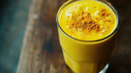Close-up of a refreshing turmeric lassi in a glass, creamy texture, topped with a dusting of turmeric and spices, set on a wooden table, healthy and delicious probiotic drinkの素材