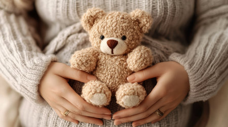 Close-up of a pregnant woman's hands holding a small teddy bear over her baby bump, with a soft white background creating a serene atmosphereの素材