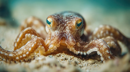Close-up of a coconut octopus on a sandy seabed in Indonesian waters, showcasing its distinctive tentacles and camouflage skills.の素材
