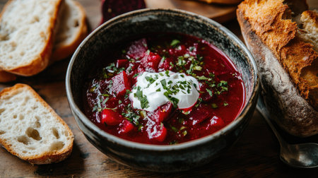 Close-up of red beetroot borscht soup in a bowl with a dollop of sour cream, accompanied by bread on a wooden table, classic Eastern European comfort food, warm and deliciousの素材