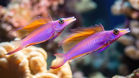 Close-up of two Purple Firefish, Nemateleotris decora, hovering near a coral formation, their elongated bodies and striking dorsal fins fully displayedの素材