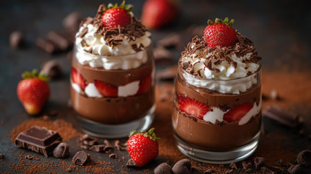 Close-up of two chocolate desserts in glasses, layered with whipped cream and strawberries, surrounded by chocolate shavings and cocoa powder for decoration.の素材