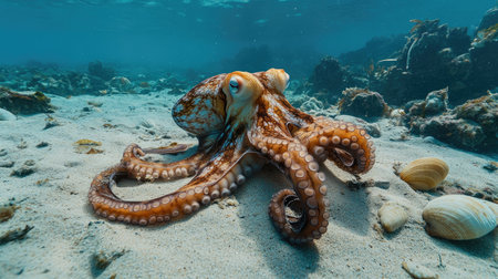 Coconut octopus on a sandy ocean bed, maneuvering around shells and debris while diving in the rich marine environment of Indonesia.の素材