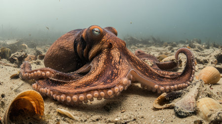 Coconut octopus on a sandy ocean bed, maneuvering around shells and debris while diving in the rich marine environment of Indonesia.の素材