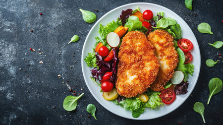 Crispy chicken schnitzel served with a fresh vegetable salad on a white plate over a dark background. Top view, showcasing a delicious and balanced mealの素材