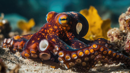 Coconut octopus on sand, demonstrating its use of shells for protection while exploring the seafloor during a dive in Indonesia.の素材