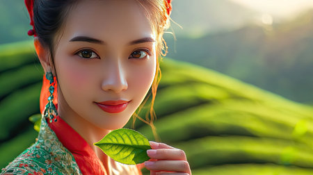 Close-up portrait of a beautiful Asian woman in traditional dress, holding a fresh green tea leaf with a lush tea plantation in the background, Chiang Rai, Thailand.の素材