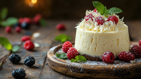 Delicious mousse cake topped with shavings of white chocolate on a rustic wooden table, adorned with fresh berries and mint leaves, softly lit for a cozy ambianceの素材