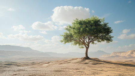 Conceptual image of a tree growing in a desert landscape, showcasing efforts against desertification and promoting the #GenerationRestoration movementの素材