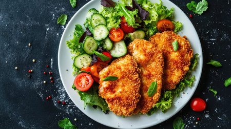 Crispy chicken schnitzel served with a fresh vegetable salad on a white plate over a dark background. Top view, showcasing a delicious and balanced mealの素材