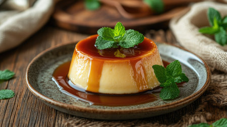 Creamy flan drizzled with caramel sauce, garnished with mint leaves, and served on a rustic wooden table. An enticing dessert shot for any food loverの素材
