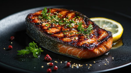 Delicious Japanese salmon burnt steak with a crispy golden crust, isolated against a black background, garnished with fresh herbs and a wedge of lemonの素材