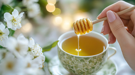 Delicate female hand holding a honey dipper above a cup of green tea, with home flowers in soft focus, representing the gentle power of honey and tea for health and relaxation,の素材