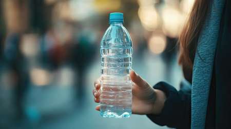 Cropped shot of a woman offering a bottle of water, with her hand in focus and the bottleaes details clearly visible, perfect for health and wellness contentの素材