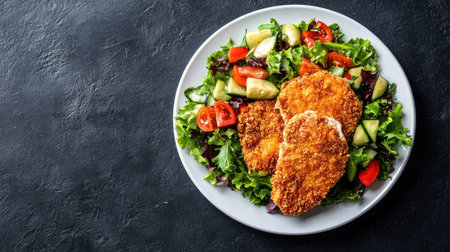 Crispy chicken schnitzel served with a fresh vegetable salad on a white plate over a dark background. Top view, showcasing a delicious and balanced mealの素材