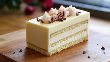 Deliciously layered mousse cake covered in white chocolate ganache, artistically presented on a wooden table, perfect for a gourmet dessert displayの素材