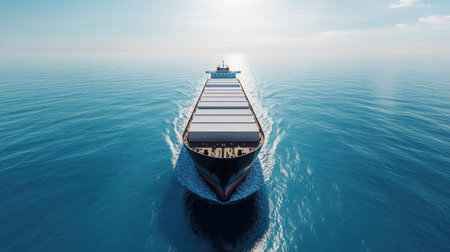Eco-friendly cargo ship sailing on a clear blue sea, powered by renewable energy, representing sustainable global transport with zero carbon emissionsの素材