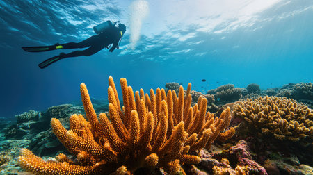 Diver swimming above a vibrant Hammer Coral garden, the coralaes distinctively shaped tentacles moving in the water, showcasing the reefaes rich marine lifeの素材