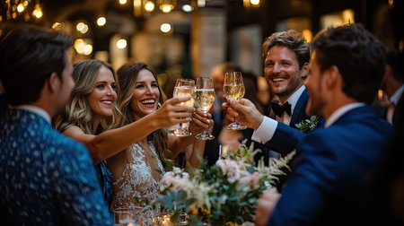 Guests at a wedding reception clinking cocktail shooters in a celebratory toast, with a beautifully lit venue in the backgroundの素材