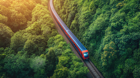 Electric train moving through a vibrant forest, powered by renewable energy, representing green logistics solutions for sustainable global transportの素材