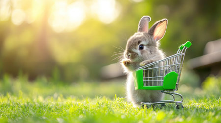Newborn bunny rabbit playfully nudging an empty green shopping cart on grass, with a sunny nature backdrop, representing the concept of Easter shoppingの素材