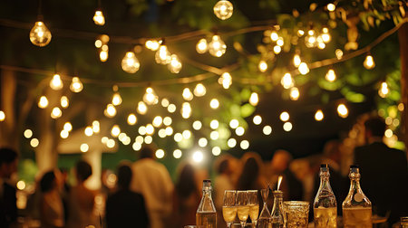 Nighttime outdoor wedding reception scene with guests enjoying various cocktail shooters, string lights hanging above, creating a warm ambianceの素材