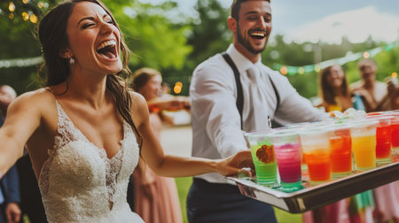 Playful moment of the bride taking a shot while the groom holds a tray of colorful shooters, both laughing with joy at their wedding receptionの素材