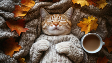 Top view of a cat in a cozy sweater, lying on a soft blanket surrounded by autumn leaves and a cup of hot cocoa.の素材