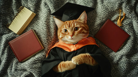 Top view of a cat in a graduation cap and gown, lying on a blanket with tiny books and a diploma.の素材