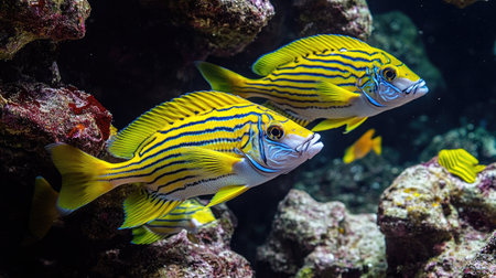 Sweetlips fish with bold stripes and bright colors schooling together in the crystal-clear waters of Hawaii, USA, near a coral reef wallの素材